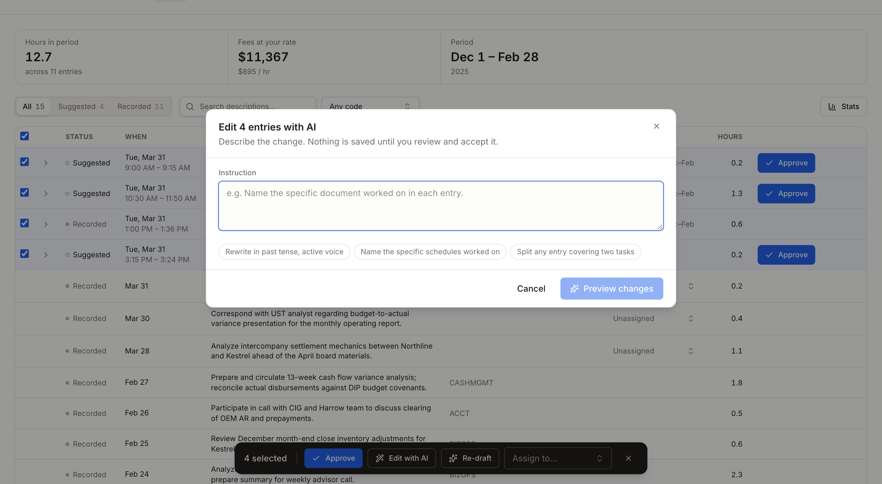 The bulk edit dialog in Rx: an instruction box over four selected entries, with suggested instructions and a Preview changes button.