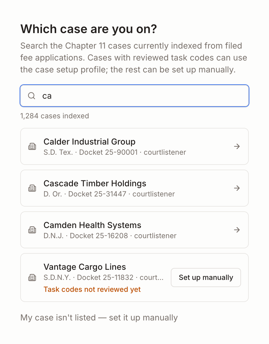The Rx case picker: a search over indexed Chapter 11 cases, each showing its court, docket number and source, with one marked as not yet having reviewed task codes.
