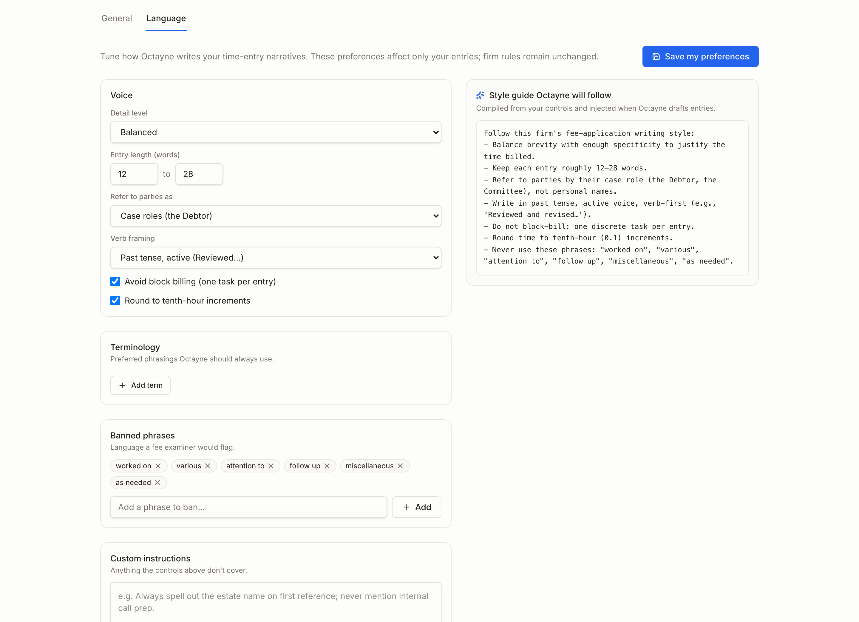 The Rx language settings: voice controls, terminology, banned phrases, and the compiled style guide the product follows when drafting.