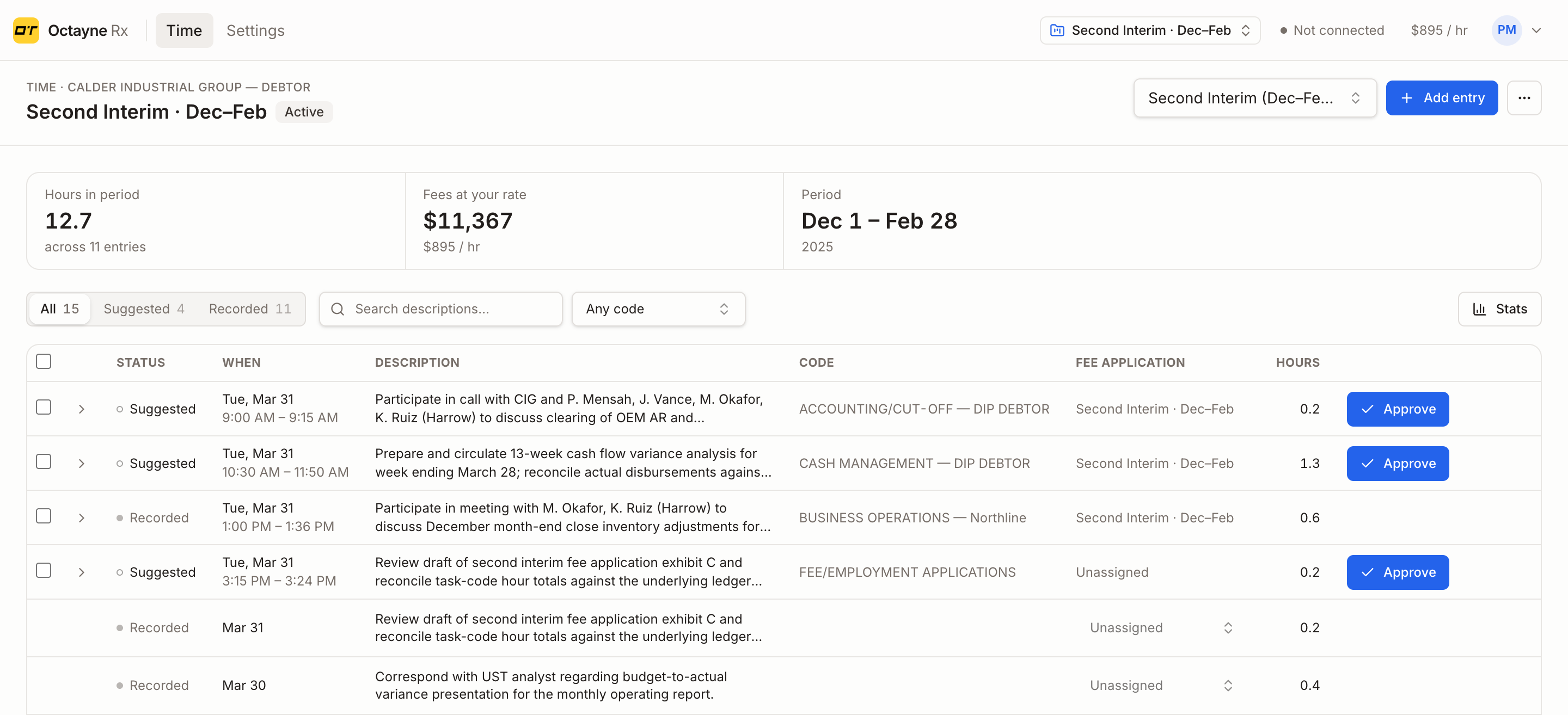 The Octayne Rx ledger: drafted entries for a Chapter 11 case, each with a task code, a fee application and an approve button.